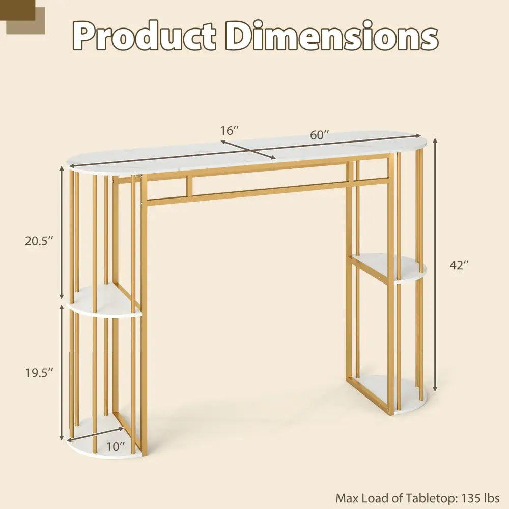 60 Inch Long Bar Table Narrow with Faux Marble Tabletop and Storage Shelves-White - White & Golden - Bar Tables