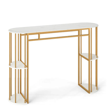 60 Inch Long Bar Table Narrow with Faux Marble Tabletop and Storage Shelves-White - White & Golden - Bar Tables