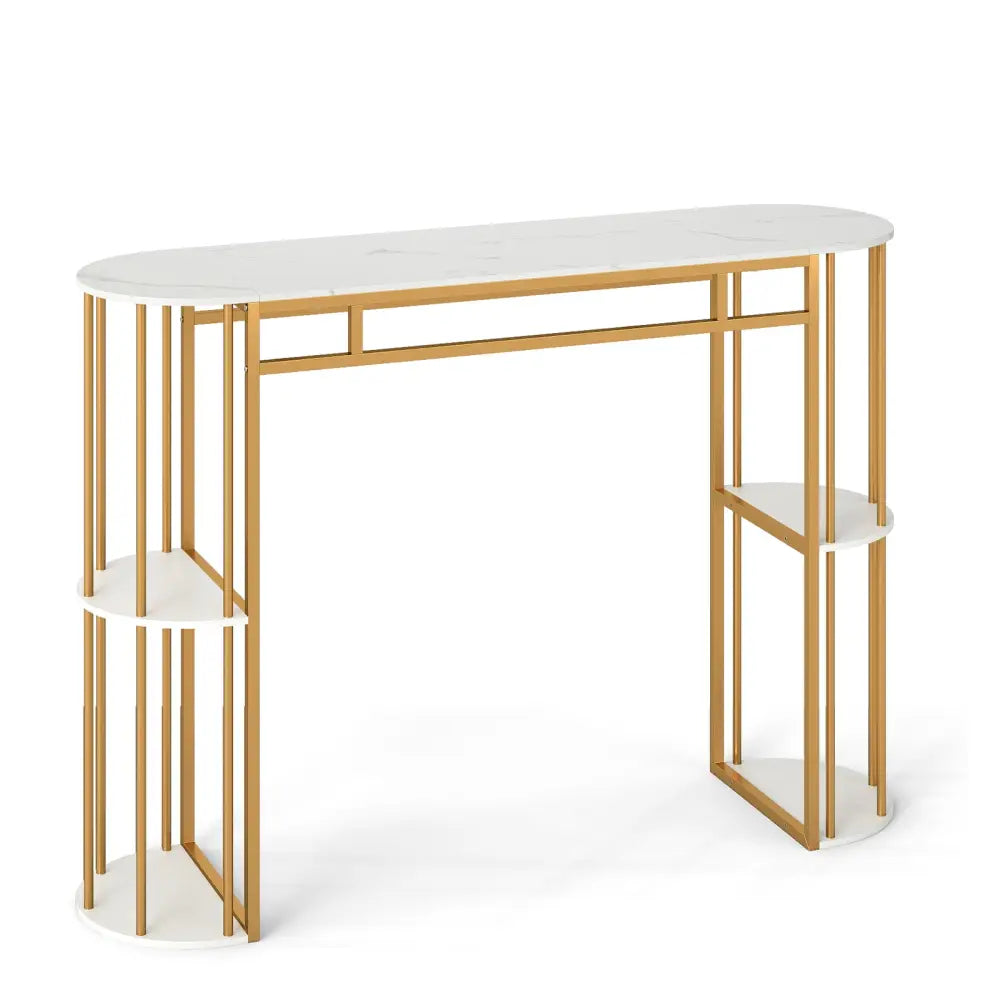 60 Inch Long Bar Table Narrow with Faux Marble Tabletop and Storage Shelves-White - White & Golden - Bar Tables