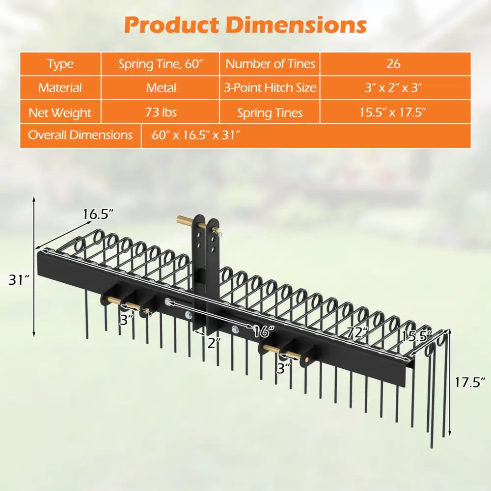 60 inch Pine Straw Rake Tow Behind Landscape Rake with 26 Metal Coil Tines-Black - Black - Lawn Care Tools