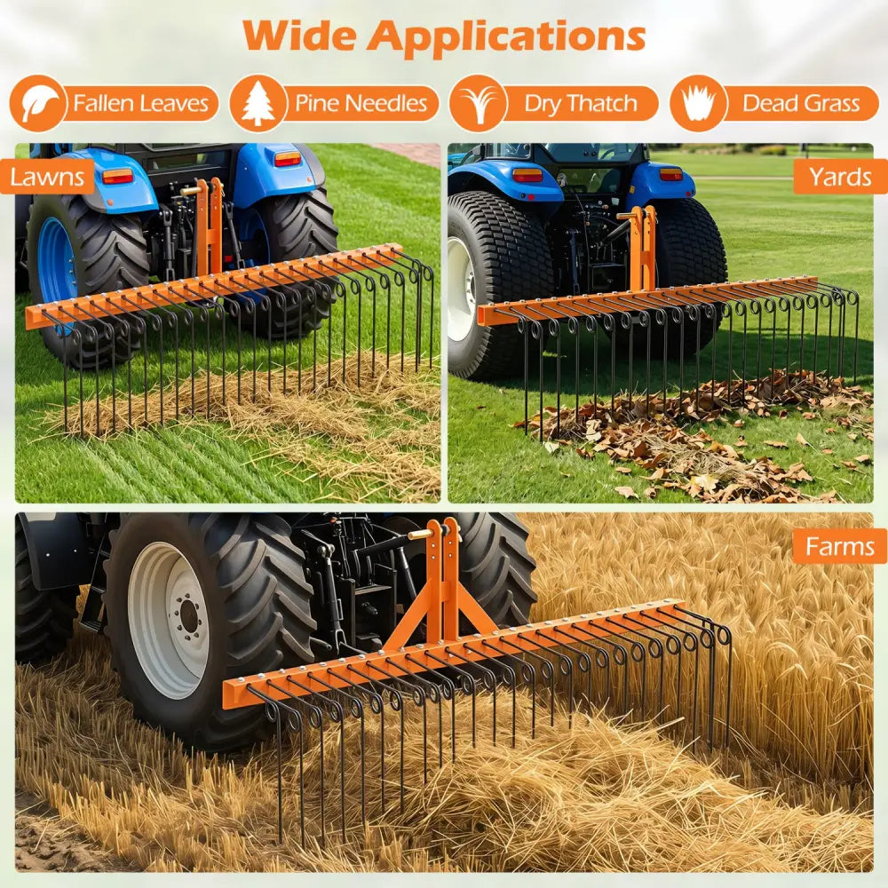 60 inch Pine Straw Rake Tow Behind Landscape Rake with 26 Metal Coil Tines-Orange - Orange - Lawn Care Tools
