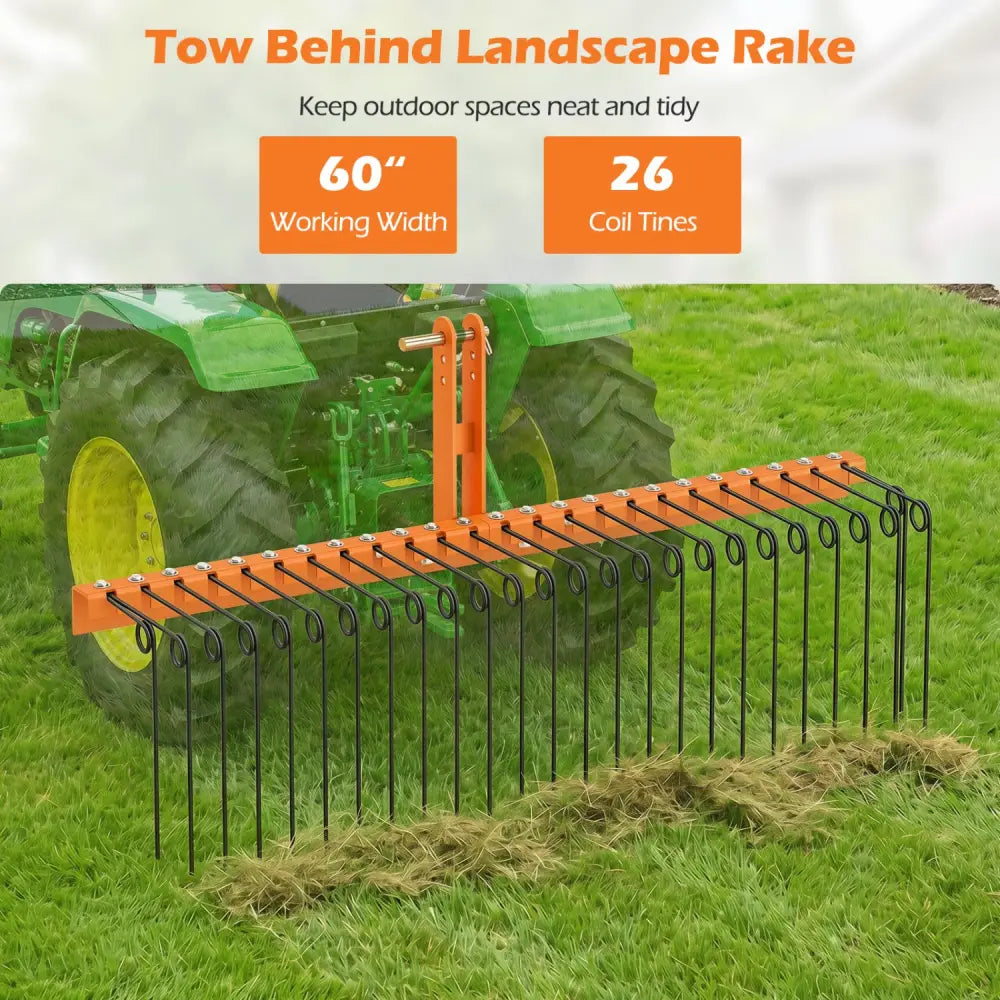 60 inch Pine Straw Rake Tow Behind Landscape Rake with 26 Metal Coil Tines-Orange - Orange - Lawn Care Tools