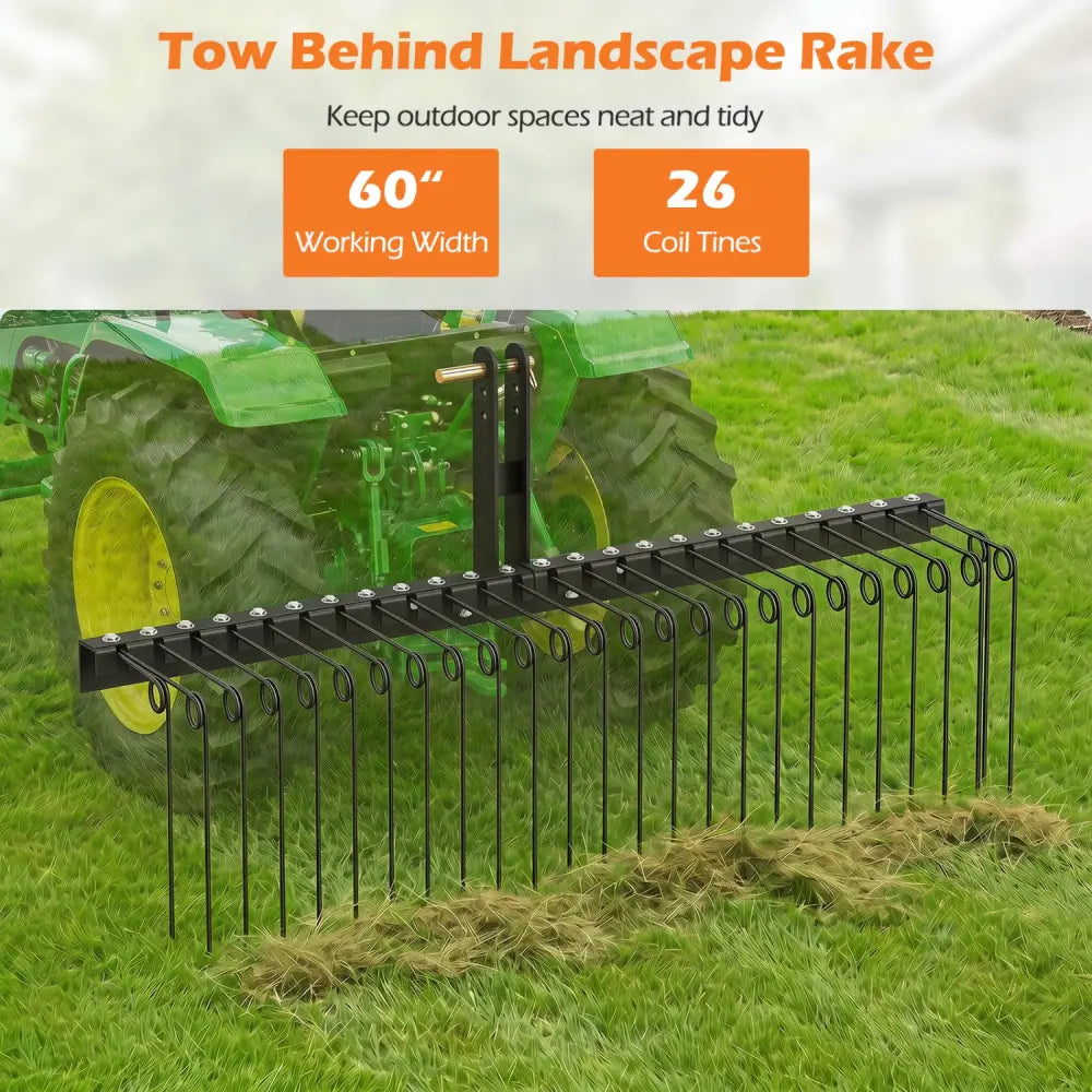 60 inch Pine Straw Rake Tow Behind Landscape Rake with 26 Metal Coil Tines-Black - Black - Lawn Care Tools