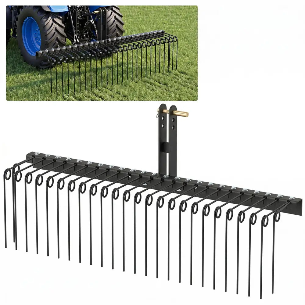 60 inch Pine Straw Rake Tow Behind Landscape Rake with 26 Metal Coil Tines-Black - Black - Lawn Care Tools