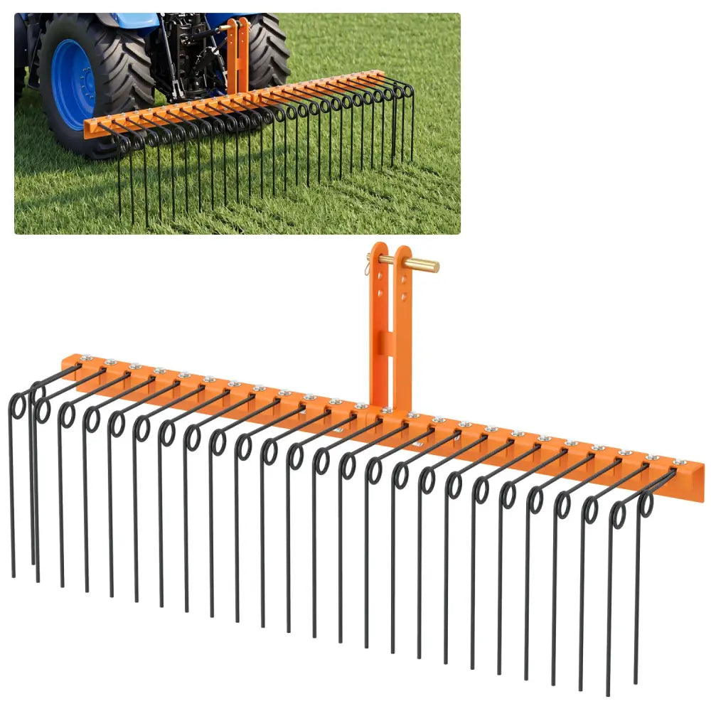60 inch Pine Straw Rake Tow Behind Landscape Rake with 26 Metal Coil Tines-Orange - Orange - Lawn Care Tools