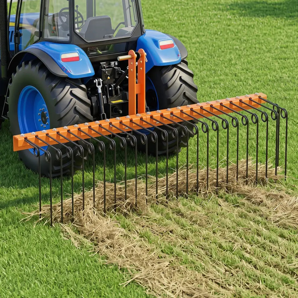 60 inch Pine Straw Rake Tow Behind Landscape Rake with 26 Metal Coil Tines-Orange - Orange - Lawn Care Tools