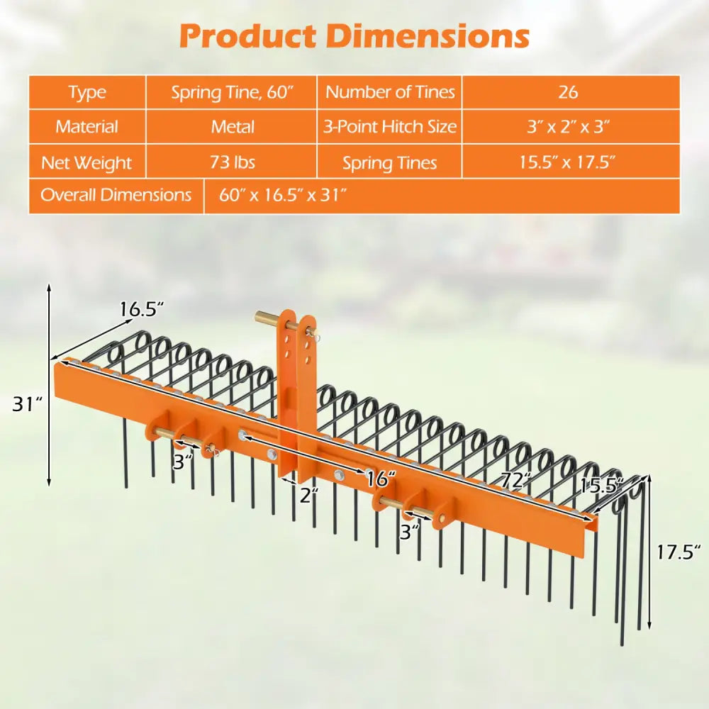 60 inch Pine Straw Rake Tow Behind Landscape Rake with 26 Metal Coil Tines-Orange - Orange - Lawn Care Tools