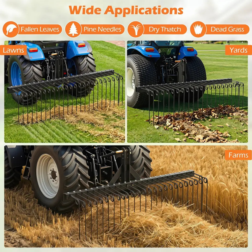 60 inch Pine Straw Rake Tow Behind Landscape Rake with 26 Metal Coil Tines-Black - Black - Lawn Care Tools