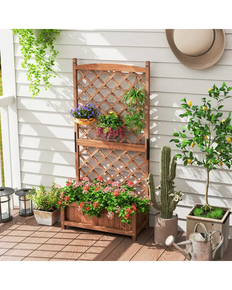60 Inch Tall Raised Garden Bed with Diamond Lattice Trellis and Drainage Holes-Brown - Brown - Raised Garden Beds