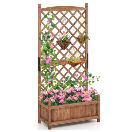 60 Inch Tall Raised Garden Bed with Diamond Lattice Trellis and Drainage Holes-Brown - Brown - Raised Garden Beds