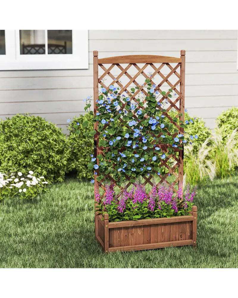 60 Inch Tall Raised Garden Bed with Diamond Lattice Trellis and Drainage Holes-Brown - Brown - Raised Garden Beds