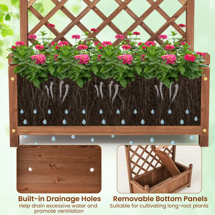 60 Inch Tall Raised Garden Bed with Diamond Lattice Trellis and Drainage Holes-Brown - Brown - Raised Garden Beds