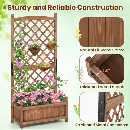 60 Inch Tall Raised Garden Bed with Diamond Lattice Trellis and Drainage Holes-Brown - Brown - Raised Garden Beds