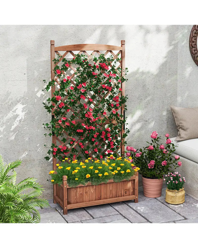 60 Inch Tall Raised Garden Bed with Diamond Lattice Trellis and Drainage Holes-Brown - Brown - Raised Garden Beds