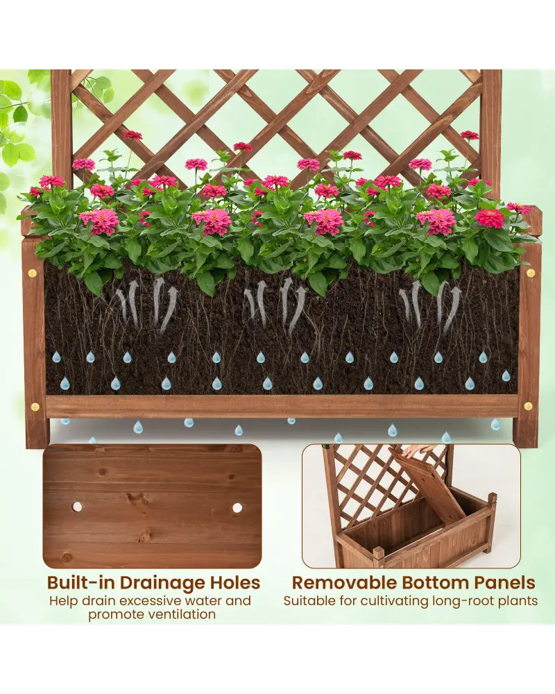 60 Inch Tall Raised Garden Bed with Diamond Lattice Trellis and Drainage Holes-Brown - Brown - Raised Garden Beds