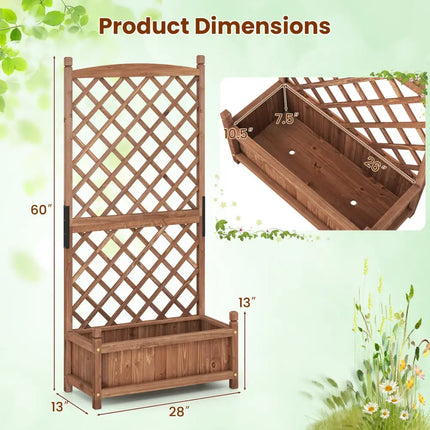 60 Inch Tall Raised Garden Bed with Diamond Lattice Trellis and Drainage Holes-Brown - Brown - Raised Garden Beds