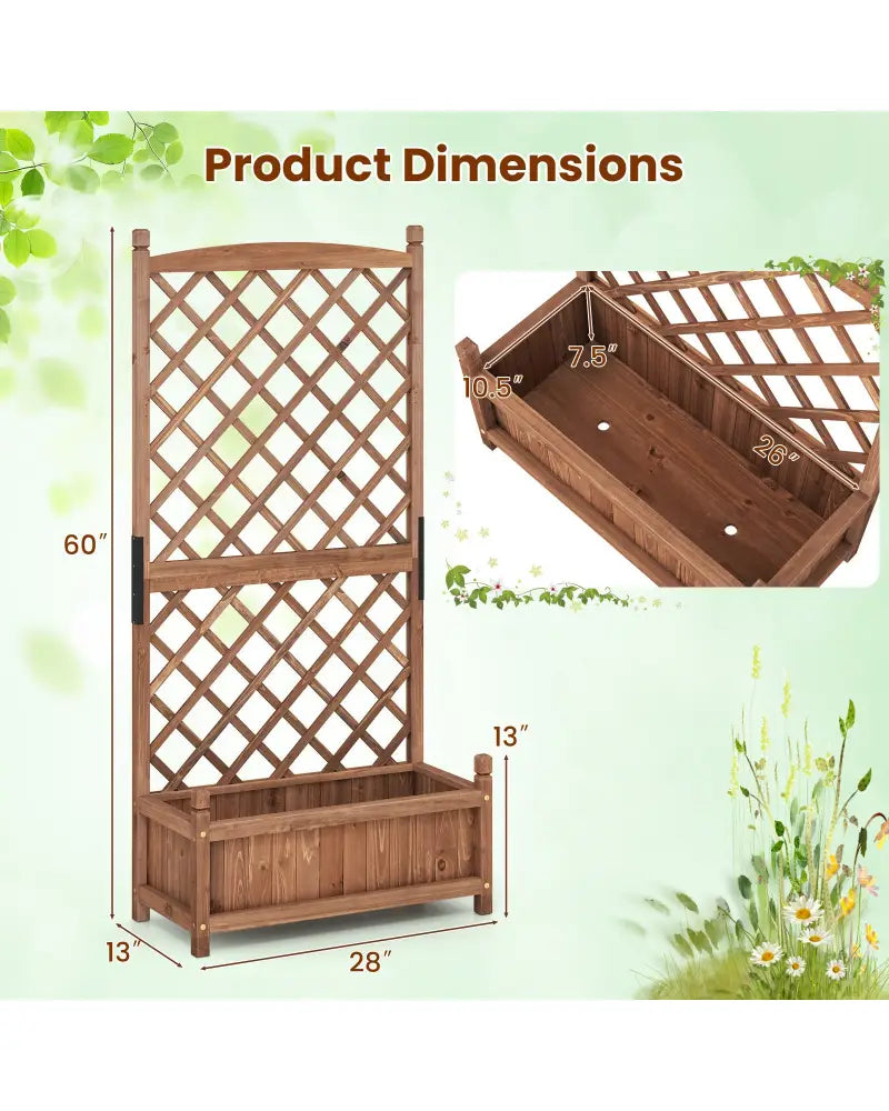 60 Inch Tall Raised Garden Bed with Diamond Lattice Trellis and Drainage Holes-Brown - Brown - Raised Garden Beds