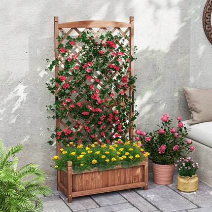 60 Inch Tall Raised Garden Bed with Diamond Lattice Trellis and Drainage Holes-Brown - Brown - Raised Garden Beds