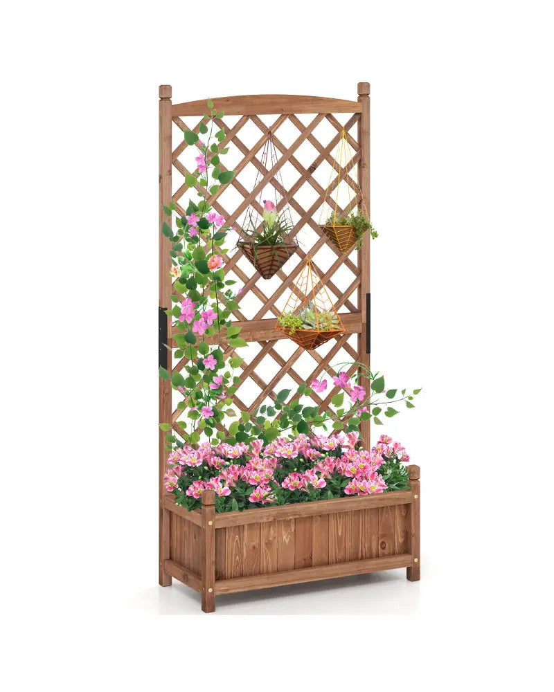 60 Inch Tall Raised Garden Bed with Diamond Lattice Trellis and Drainage Holes-Brown - Brown - Raised Garden Beds