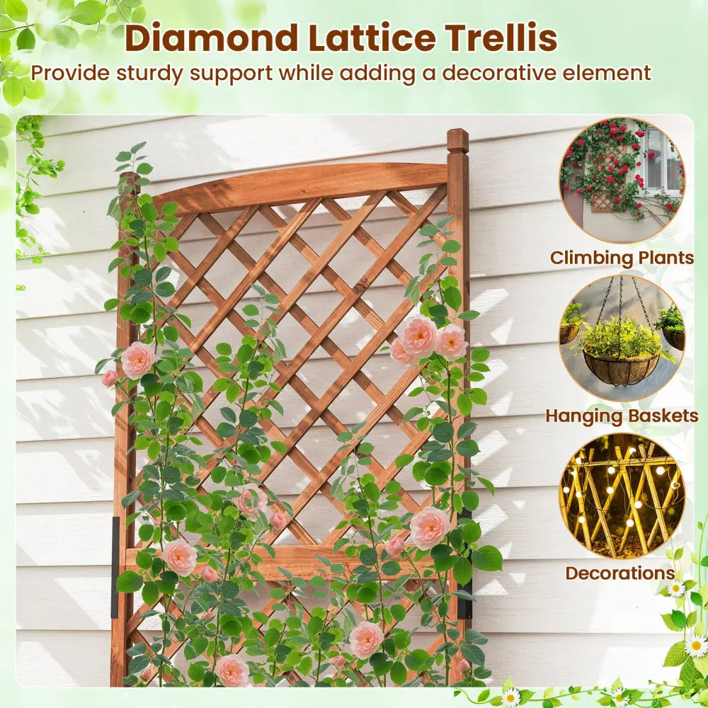 60 Inch Tall Raised Garden Bed with Diamond Lattice Trellis and Drainage Holes-Brown - Brown - Raised Garden Beds