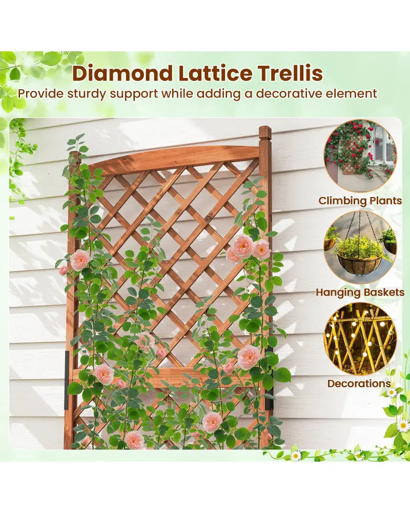 60 Inch Tall Raised Garden Bed with Diamond Lattice Trellis and Drainage Holes-Brown - Brown - Raised Garden Beds