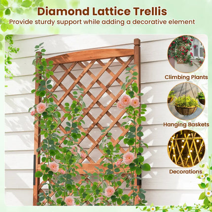 60 Inch Tall Raised Garden Bed with Diamond Lattice Trellis and Drainage Holes-Brown - Brown - Raised Garden Beds