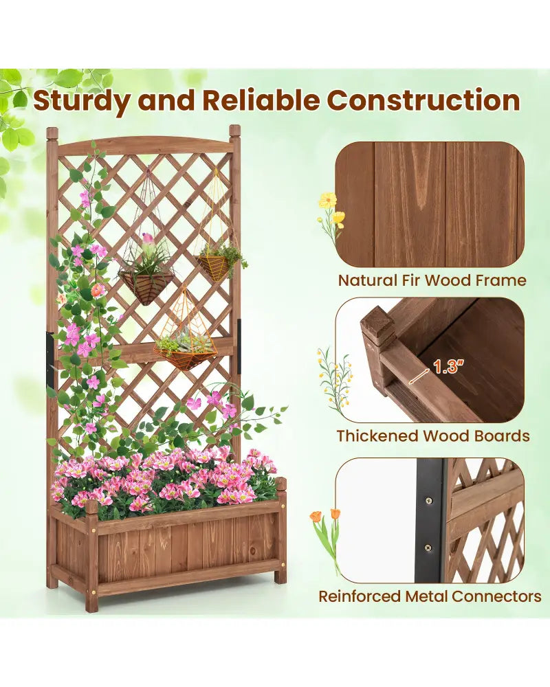 60 Inch Tall Raised Garden Bed with Diamond Lattice Trellis and Drainage Holes-Brown - Brown - Raised Garden Beds