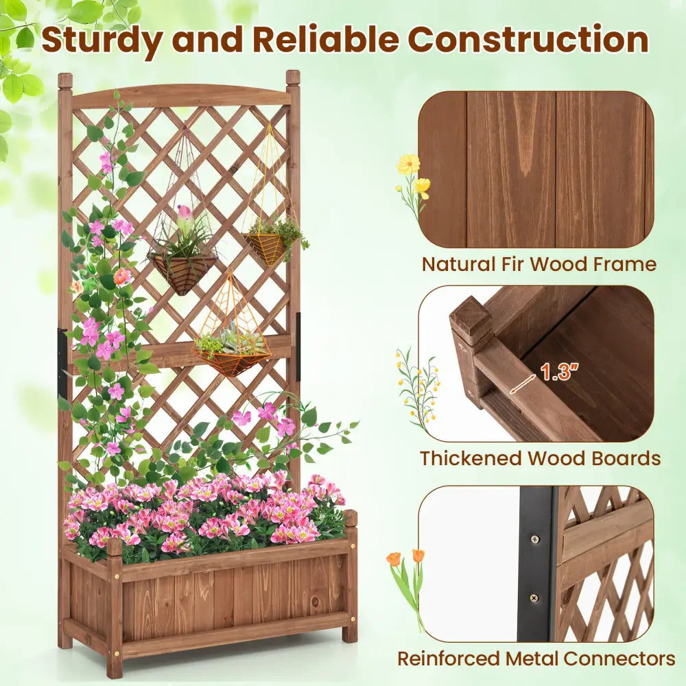 60 Inch Tall Raised Garden Bed with Diamond Lattice Trellis and Drainage Holes-Brown - Brown - Raised Garden Beds