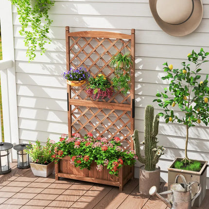 60 Inch Tall Raised Garden Bed with Diamond Lattice Trellis and Drainage Holes-Brown - Brown - Raised Garden Beds