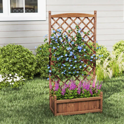 60 Inch Tall Raised Garden Bed with Diamond Lattice Trellis and Drainage Holes-Brown - Brown - Raised Garden Beds