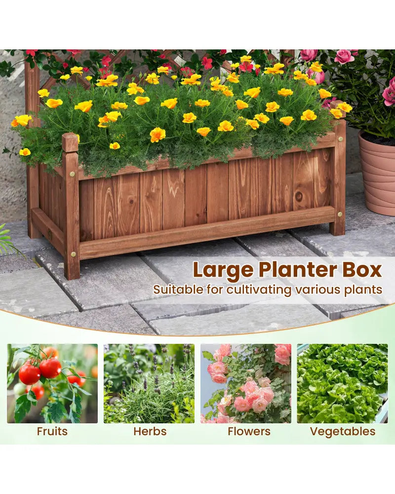 60 Inch Tall Raised Garden Bed with Diamond Lattice Trellis and Drainage Holes-Brown - Brown - Raised Garden Beds