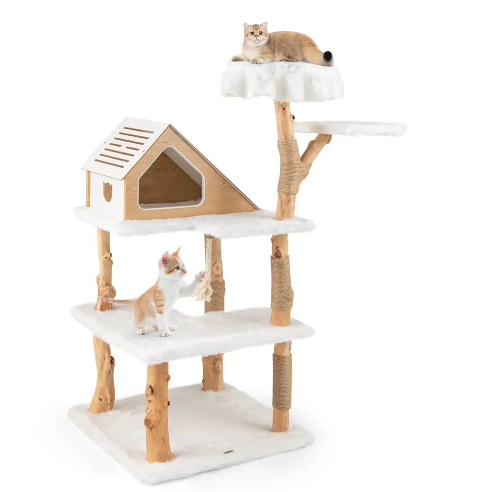 60 Inch Tall Solid Wood Cat Tree Modern Wooden Cat Tower with 2 Perches-White - White - Cat Trees Condos & Scratchers