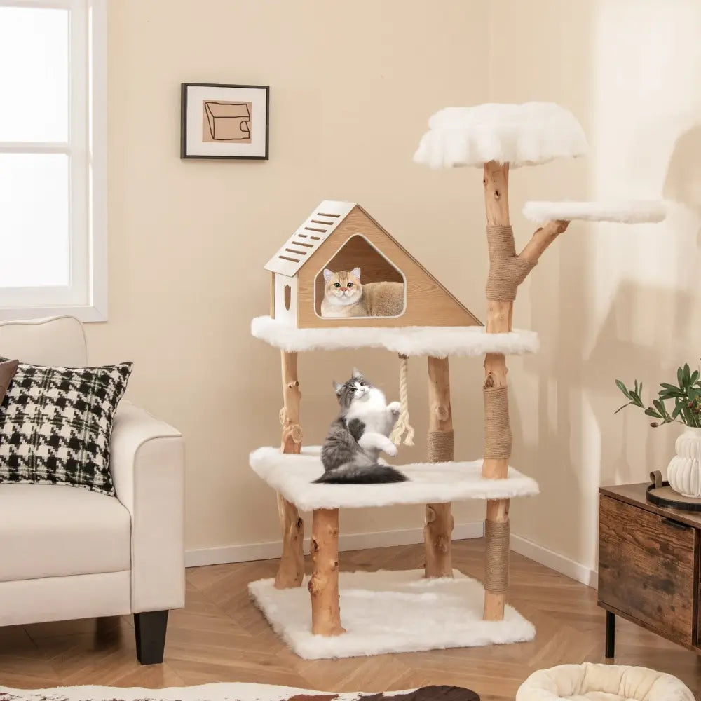 60 Inch Tall Solid Wood Cat Tree Modern Wooden Cat Tower with 2 Perches-White - White - Cat Trees Condos & Scratchers
