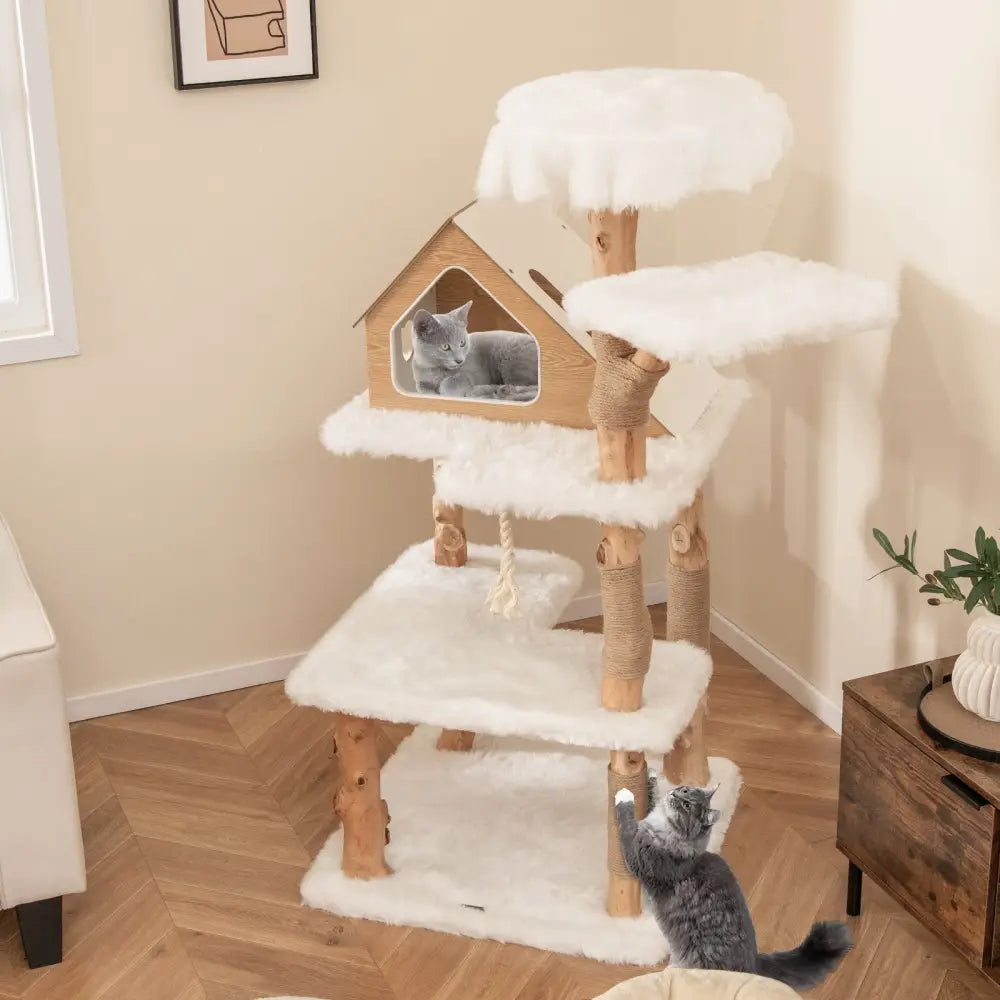 60 Inch Tall Solid Wood Cat Tree Modern Wooden Cat Tower with 2 Perches-White - White - Cat Trees Condos & Scratchers
