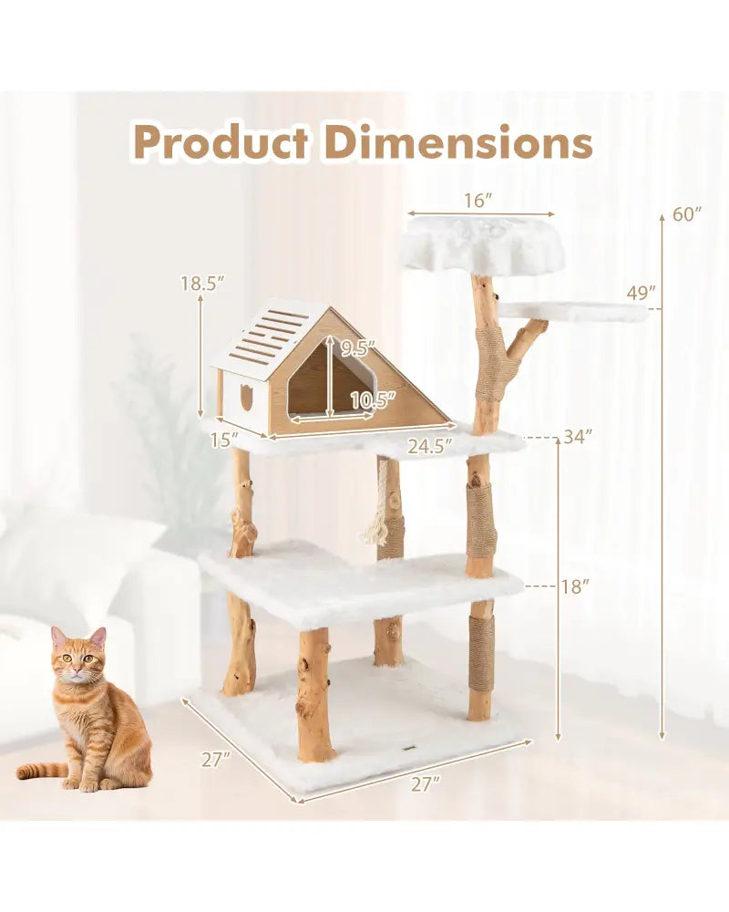 60 Inch Tall Solid Wood Cat Tree Modern Wooden Cat Tower with 2 Perches-White - White - Cat Trees Condos & Scratchers