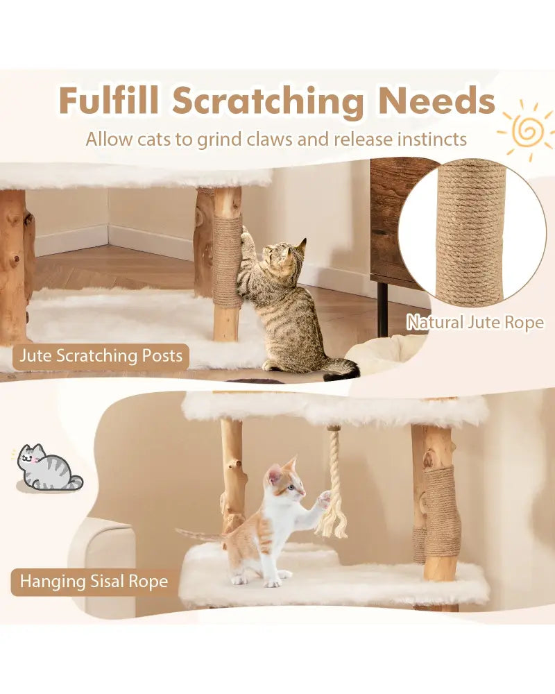 60 Inch Tall Solid Wood Cat Tree Modern Wooden Cat Tower with 2 Perches-White - White - Cat Trees Condos & Scratchers