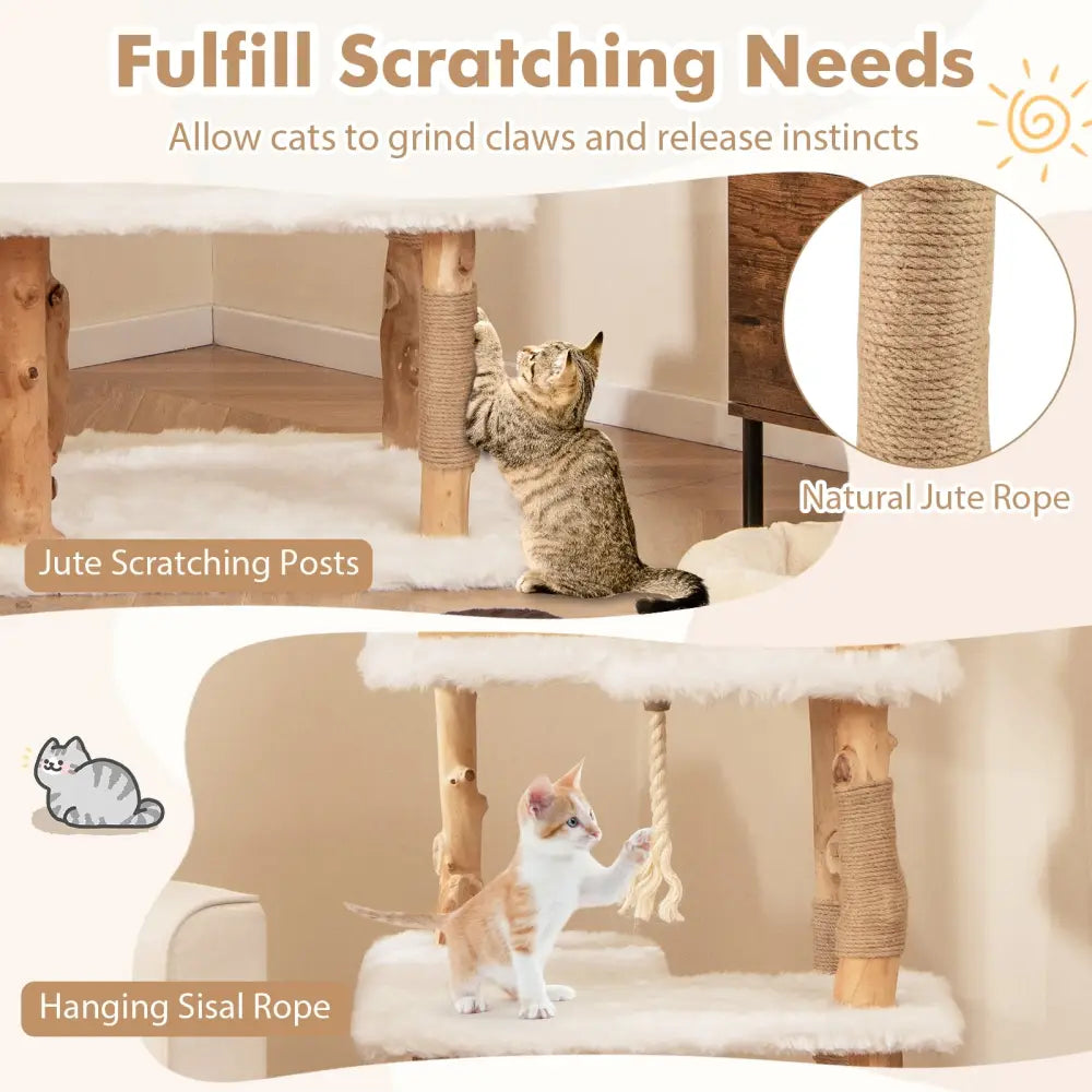 60 Inch Tall Solid Wood Cat Tree Modern Wooden Cat Tower with 2 Perches-White - White - Cat Trees Condos & Scratchers