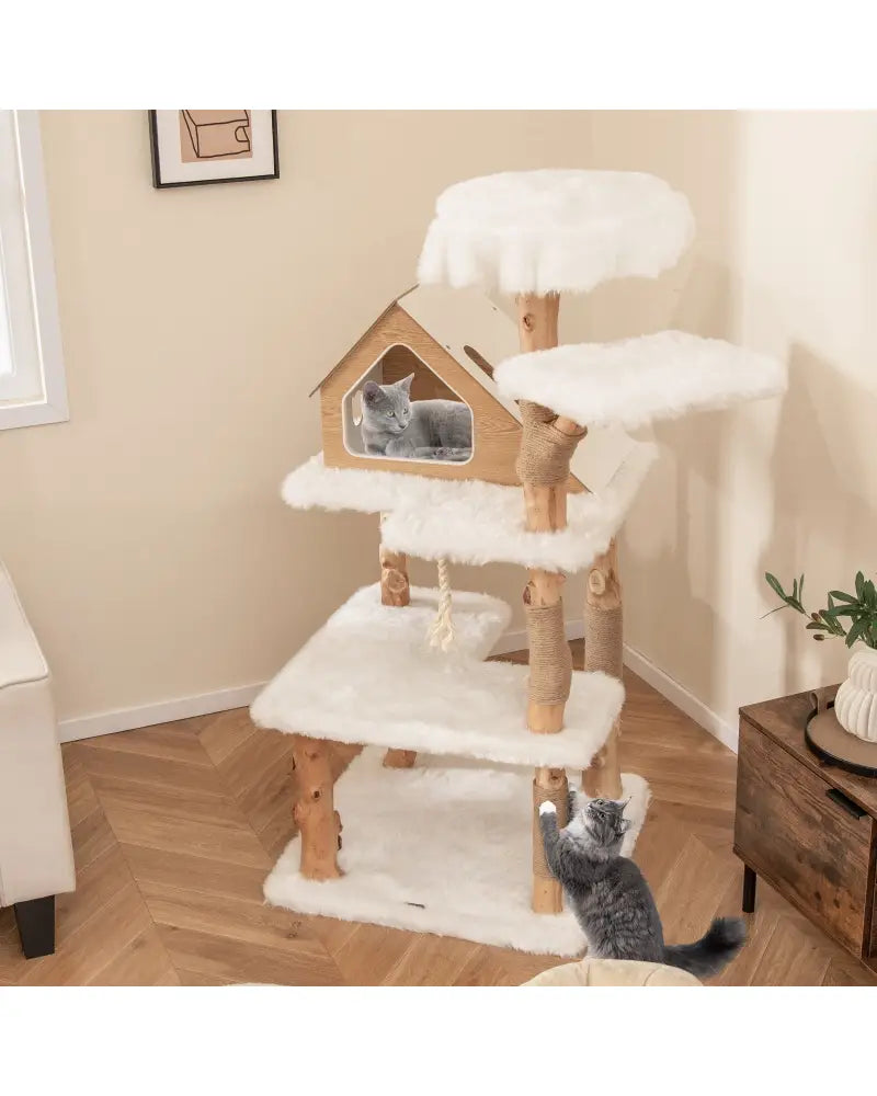 60 Inch Tall Solid Wood Cat Tree Modern Wooden Cat Tower with 2 Perches-White - White - Cat Trees Condos & Scratchers