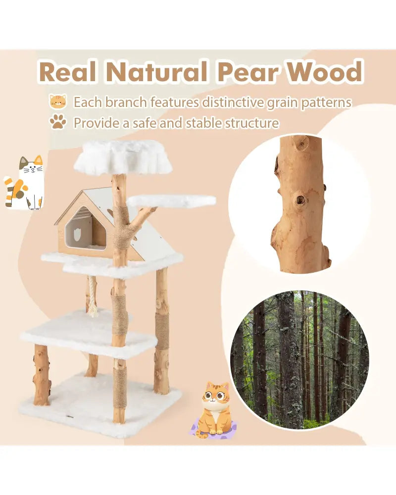 60 Inch Tall Solid Wood Cat Tree Modern Wooden Cat Tower with 2 Perches-White - White - Cat Trees Condos & Scratchers