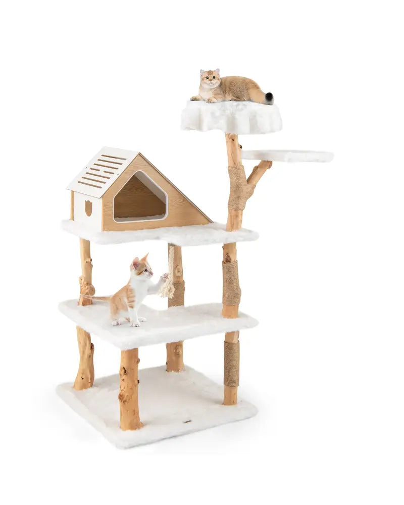 60 Inch Tall Solid Wood Cat Tree Modern Wooden Cat Tower with 2 Perches-White - White - Cat Trees Condos & Scratchers