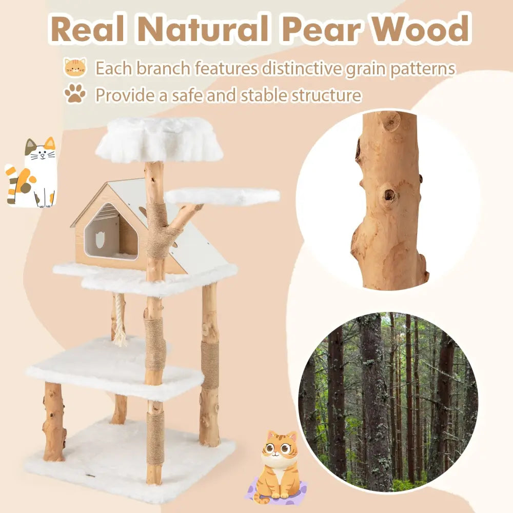 60 Inch Tall Solid Wood Cat Tree Modern Wooden Cat Tower with 2 Perches-White - White - Cat Trees Condos & Scratchers