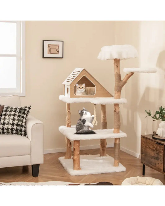 60 Inch Tall Solid Wood Cat Tree Modern Wooden Cat Tower with 2 Perches-White - White - Cat Trees Condos & Scratchers