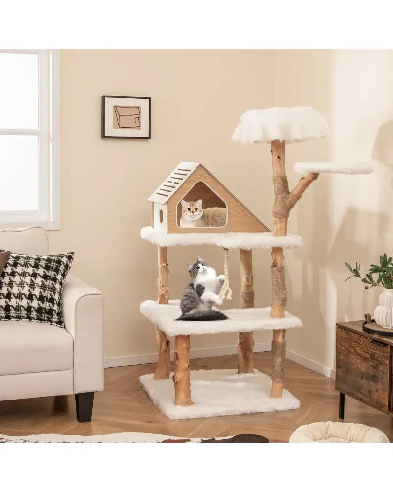 60 Inch Tall Solid Wood Cat Tree Modern Wooden Cat Tower with 2 Perches-White - White - Cat Trees Condos & Scratchers