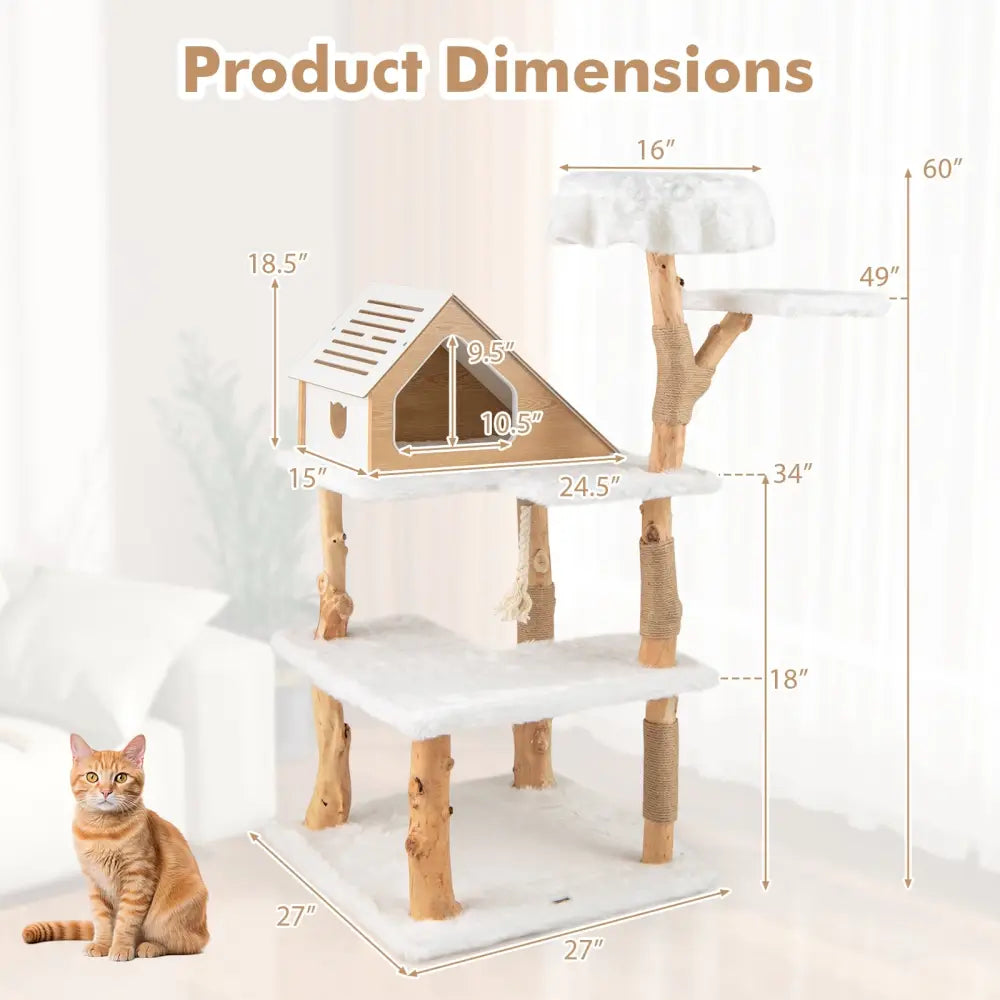 60 Inch Tall Solid Wood Cat Tree Modern Wooden Cat Tower with 2 Perches-White - White - Cat Trees Condos & Scratchers