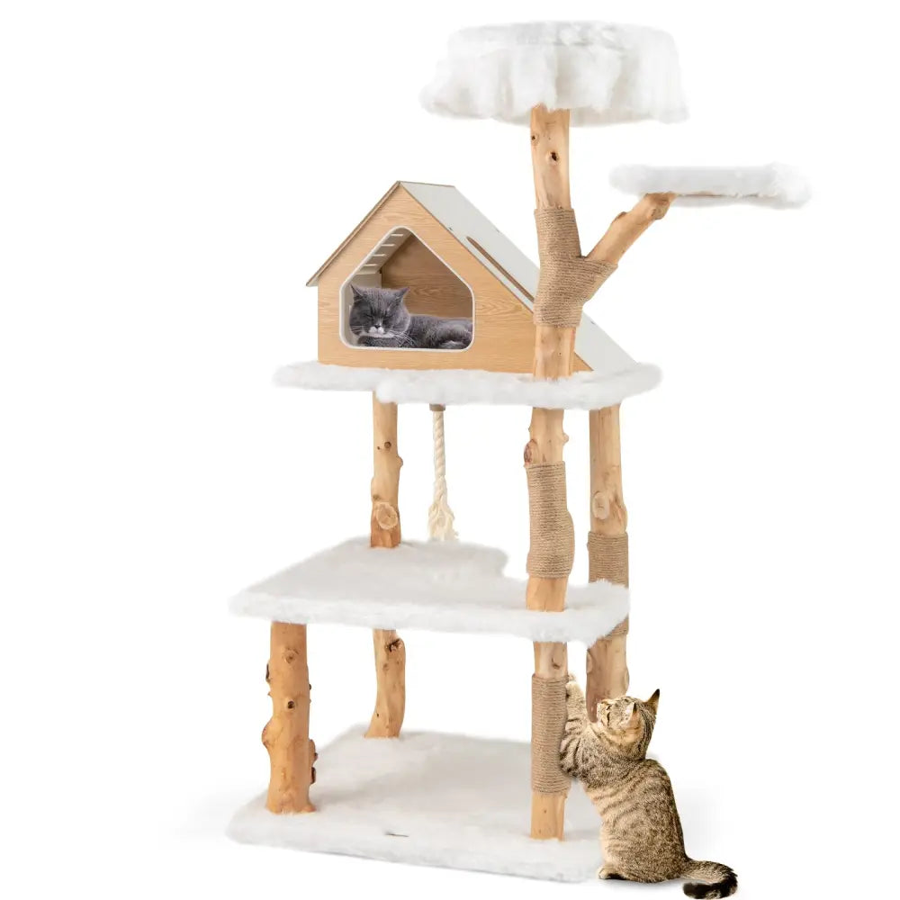 60 Inch Tall Solid Wood Cat Tree Modern Wooden Cat Tower with 2 Perches-White - White - Cat Trees Condos & Scratchers