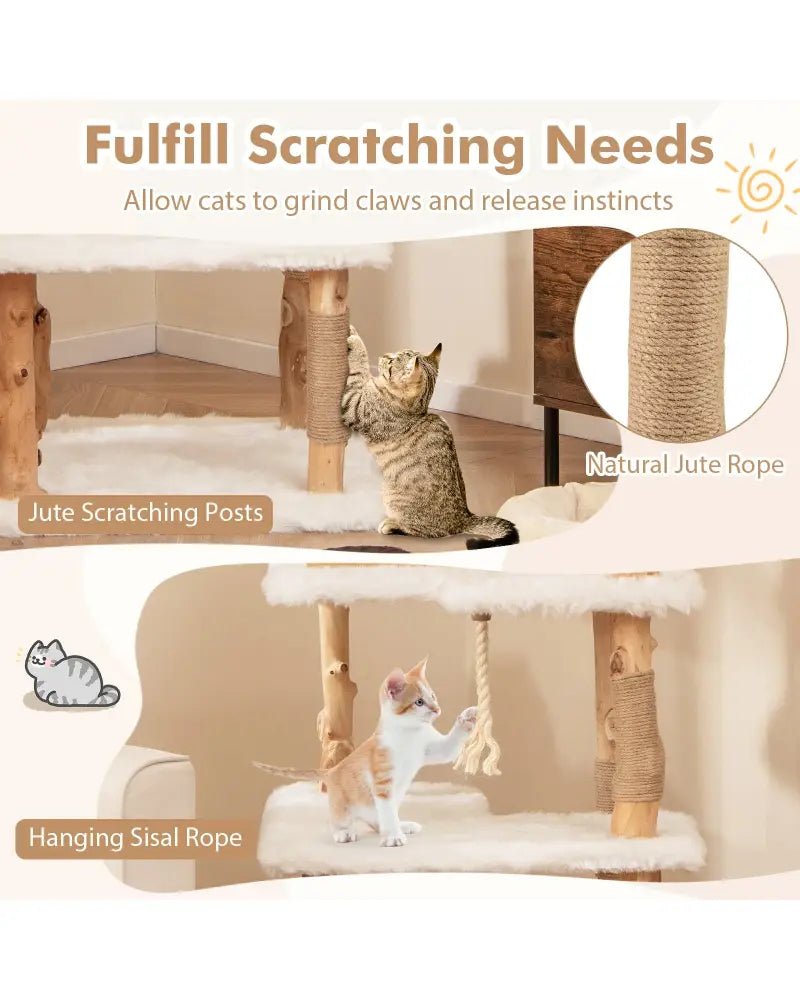 60 Inch Tall Solid Wood Cat Tree Modern Wooden Cat Tower with 2 Perches-White - White - Cat Trees Condos & Scratchers
