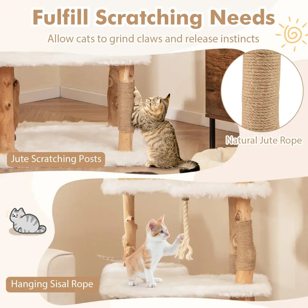 60 Inch Tall Solid Wood Cat Tree Modern Wooden Cat Tower with 2 Perches-White - White - Cat Trees Condos & Scratchers
