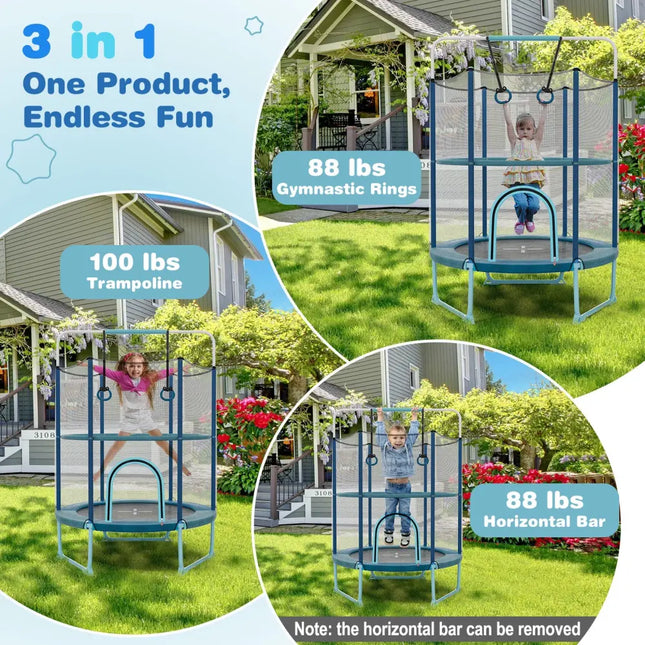 60 Inch Trampoline with Gymnastic Bar and Rings for Kids-Blue - Blue - Trampolines