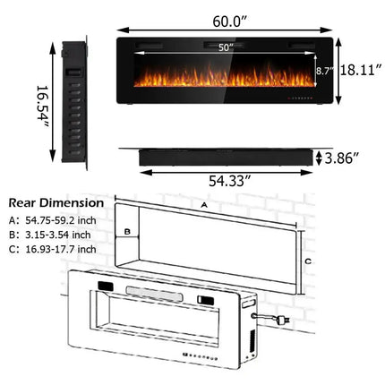 60 Inch Ultra Thin Electric Fireplace with 2 Heat Settings Costway
