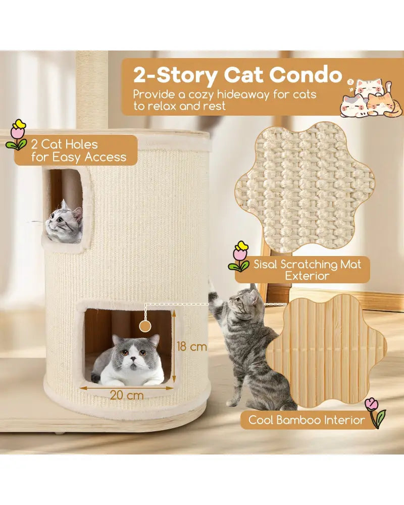 60 Inches Tall Cat Tree with 2-Story Condo and Sisal Scratching Posts-Natural - Natural - Cat Trees Condos & Scratchers